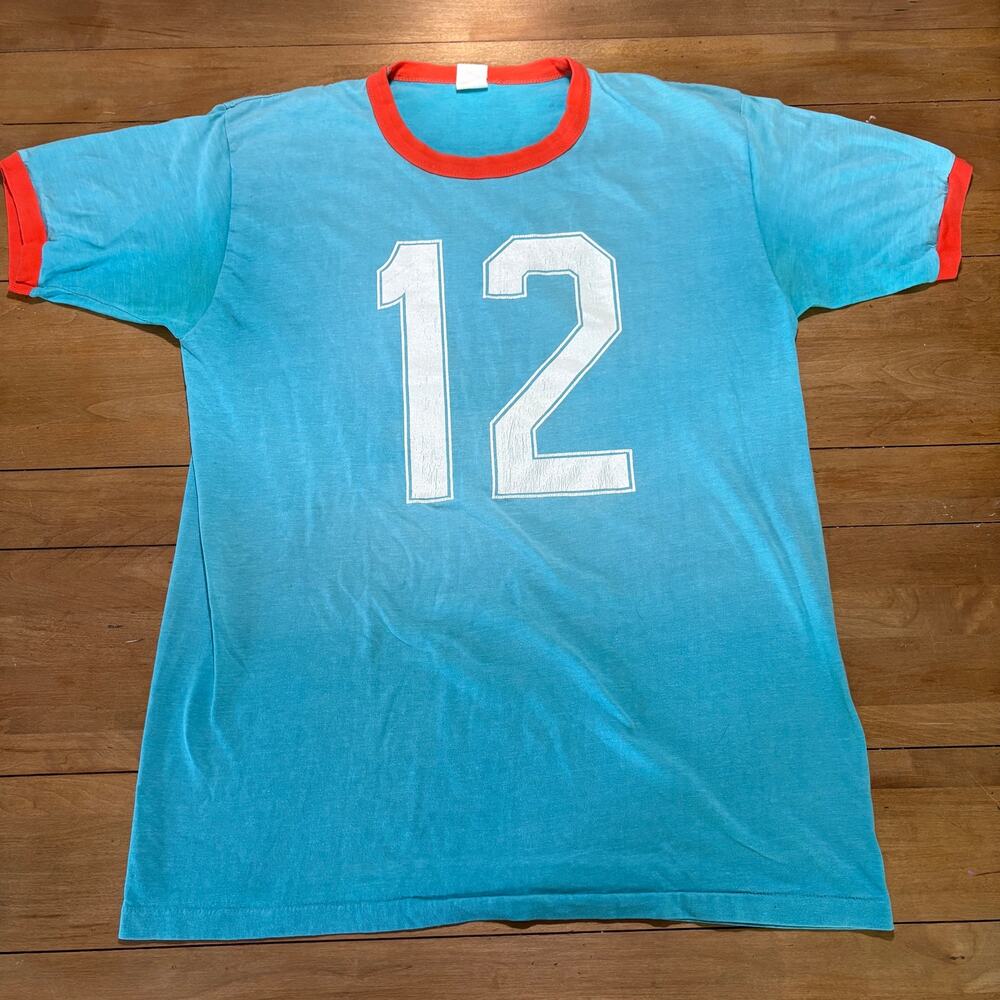 Vintage 70s 80s Ringer Tee Light Blue Orange Trim #12 Single Stitch T-Shirt - Picture 6 of 8